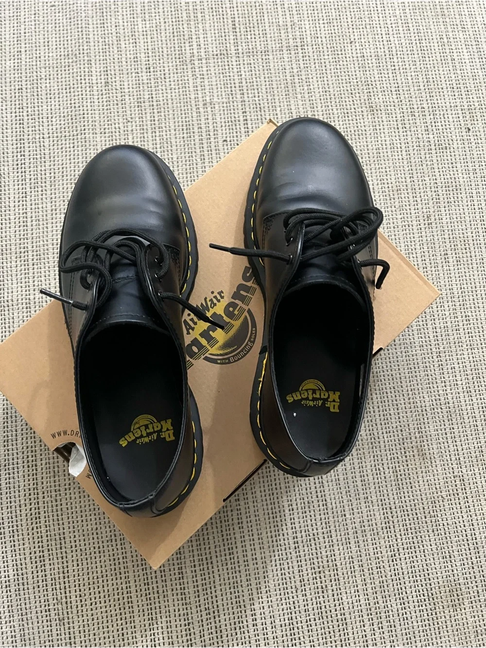 Dr. Martens 1461 Bex Black Leather Derby Shoes with Yellow Stitching